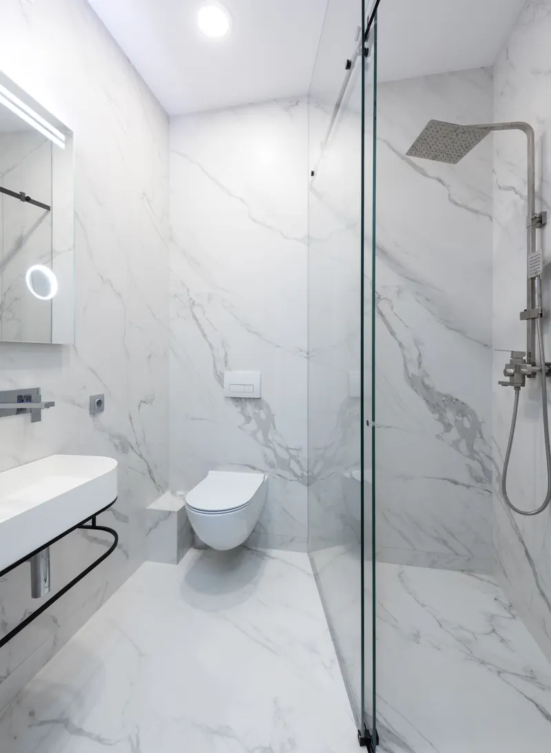 Walk-in shower with a fixed glass shower panel